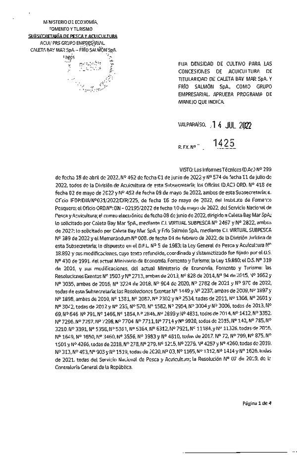 Res. Ex. N° 1425-2022 Fija densidad de cultivo para las concesiones de acuicultura de titularidad de Caleta BAY MAR SpA. y FRIO SALMON SpA. como grupo empresarial. Aprueba programa de manejo que indica. (Con Informe Técnico) (Publicado en Página Web 14-07-2022)