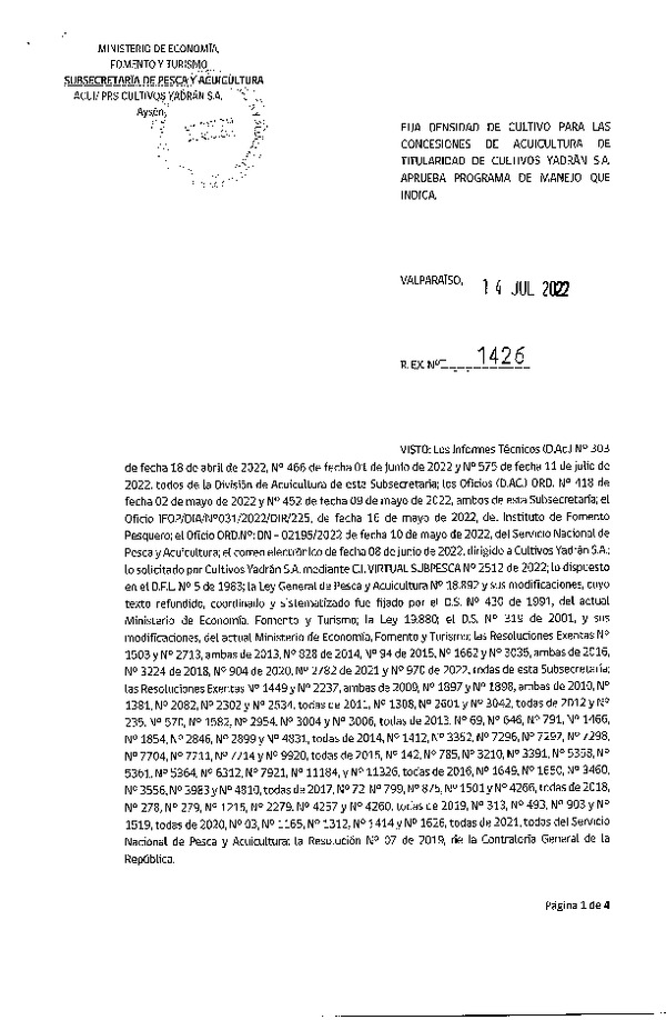 Res. Ex. N° 1426-2022 Fija densidad de cultivo para las concesiones de acuicultura de titularidad de CULTIVOS YADRAN S.A. Aprueba programa de manejo que indica. (Con Informe Técnico) (Publicado en Página Web 14-07-2022)