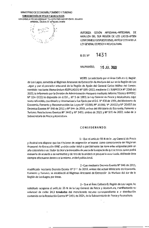 Res. Ex. N° 1431-2022 Autoriza Cesión de Merluza del Sur, regiones de Los Lagos - Aysén. (Publicado en Página Web 15-07-2022)