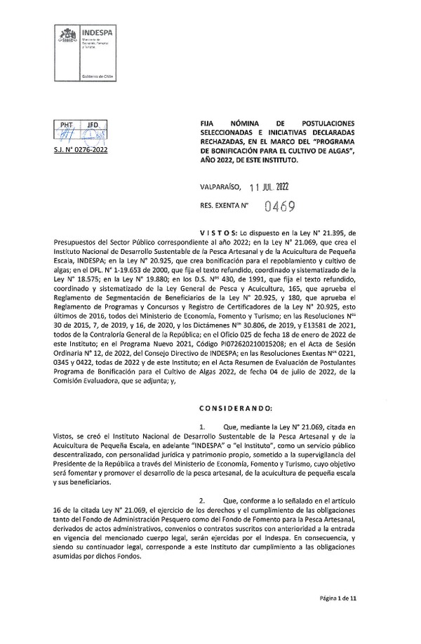 Res. Ex. N° 0469-2022 Fija nómina de postulaciones seleccionadas e iniciativas declaradas rechazadas, en el marco del "Programa de bonificación para el cultivo de algas", año 2022, de este instituto (Publicado en Página Web 18-07-2022)