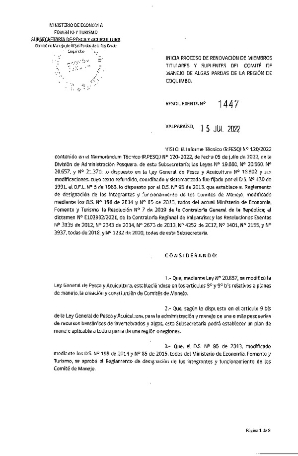 Res. Exenta N° 1447-2022,  Inicia proceso de renovación de miembros titulares y suplentes del comité de manejo de Algas Pardas de la región de Coquimbo.