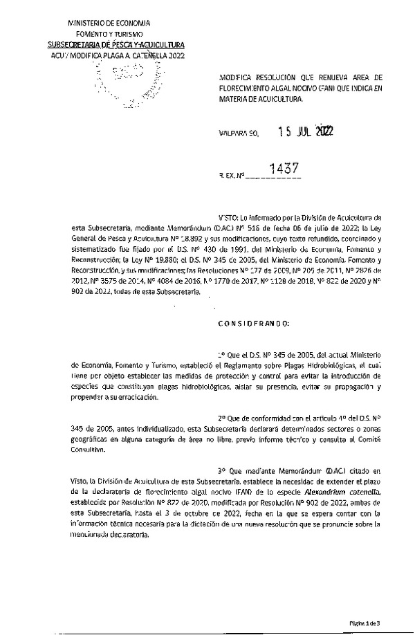 Res. Ex. N° 1437-2022 Modifica Res. Ex. N° 822-2020 Renueva Área de Florecimiento Algal Nocivo (FAN) en Sector que Indica. (Publicado en Página Web 20-07-2022)