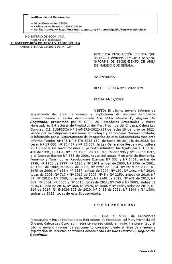 RESOL. EXENTA Nº E-2022-379 Modifica Resolución que Indica. Aprueba 19° Seguimiento. (Publicado en Página Web 20-07-2022)