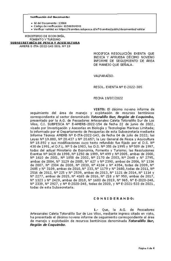 RESOL. EXENTA Nº E-2022-385 Modifica Resolución que Indica. Aprueba 19° Seguimiento. (Publicado en Página Web 20-07-2022)