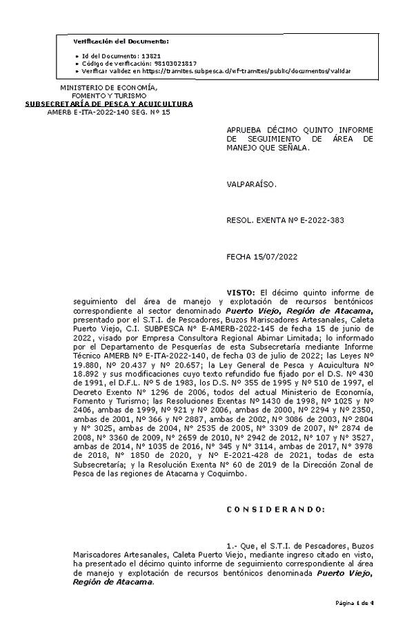 RESOL. EXENTA Nº E-2022-383 Aprueba 15° Seguimiento. (Publicado en Página Web 20-07-2022)