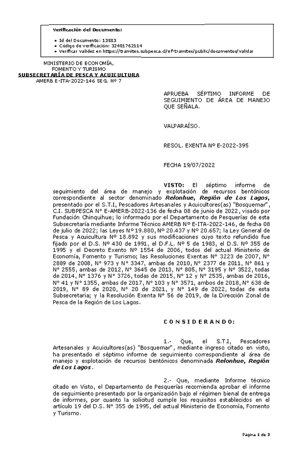 RESOL. EXENTA Nº E-2022-395  Aprueba 7° seguimiento. (Publicado en Página Web 20-07-2022)