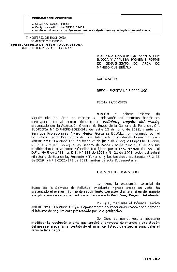 RESOL. EXENTA Nº E-2022-390  Aprueba 1° seguimiento. (Publicado en Página Web 20-07-2022)