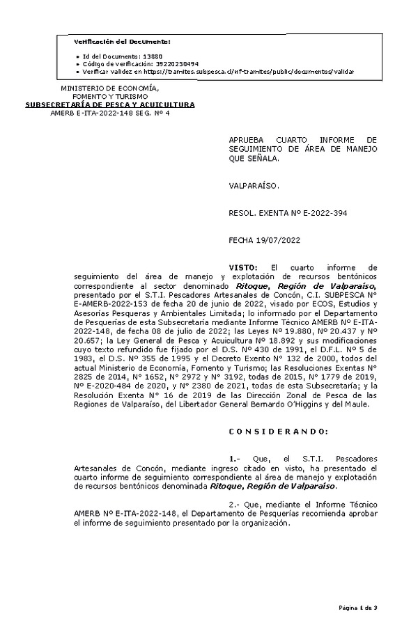 RESOL. EXENTA Nº E-2022-394  Aprueba 4° seguimiento. (Publicado en Página Web 20-07-2022)