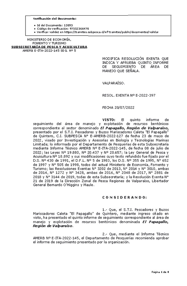 RESOL. EXENTA Nº E-2022-397  Modifica resolución que indica, Aprueba 5° seguimiento. (Publicado en Página Web 20-07-2022)