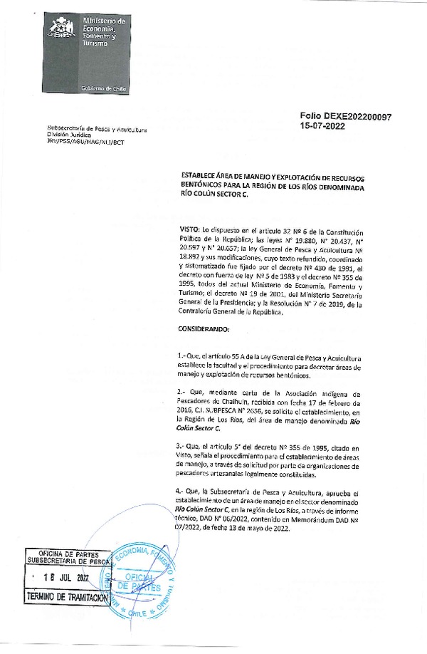 Dec. Ex. Folio N° DEXE202200097 Establece Área de Manejo Río Colún Sector C, Región de Los Ríos. (Publicado en Página Web 20-07-2022)