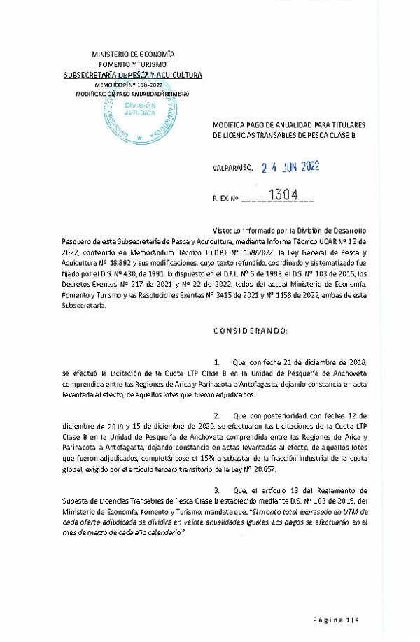 Res. Ex. N° 1304-2022 Modifica Pago de Anualidad para Titulares de Licencias Transables de Pesca Clase B.