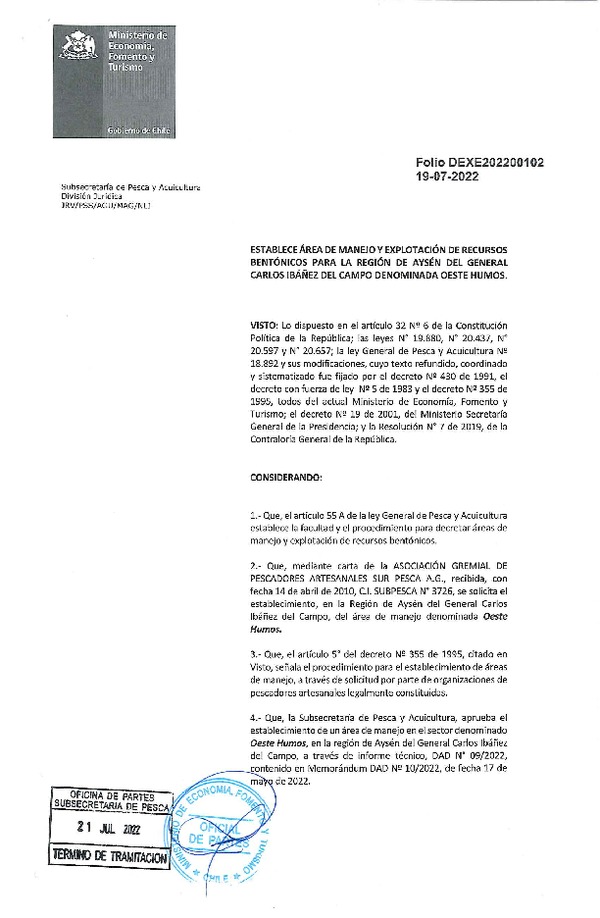 Dec. Ex. Folio N° DEXE202200102 Establece Área de Manejo Oeste Humus, Región de Aysén del General Carlos Ibañez del Campo. (Publicado en Página Web 21-07-2022)