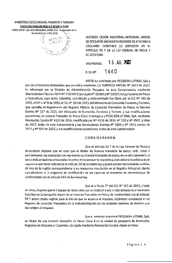 Res. Ex. N° 1440-2022 Autoriza cesión Industrial-Artesanal unidad de pesquería Anchoveta regiones de Atacama a Coquimbo, conforme lo dispuesto en el artículo 55 T de la ley general de Pesca y Acuicultura