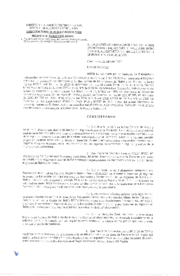 Res. Ex. N° 092-2022 (DZP Ñuble y del Biobío) Autoriza cesión Sardina común y Anchoveta. (Publicado en Página Web 22-07-2022)