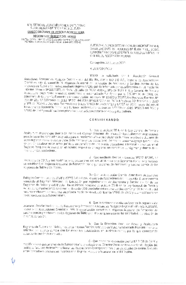 Res. Ex. N° 094-2022 (DZP Ñuble y del Biobío) Autoriza cesión Sardina común y Anchoveta. (Publicado en Página Web 22-07-2022)