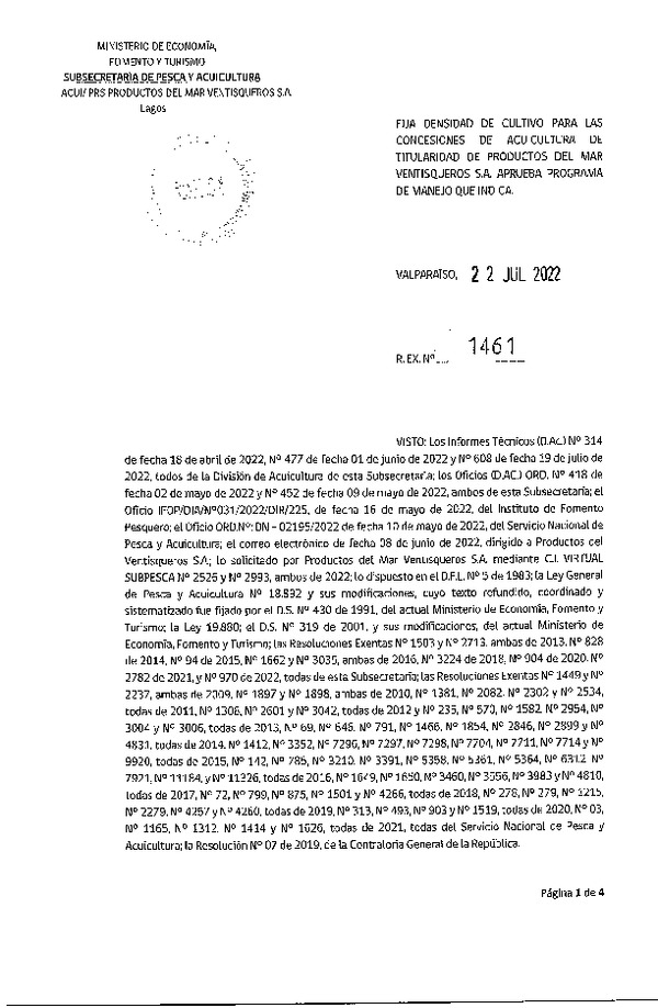Res. Ex. N° 1461-2022 Fija densidad de cultivo las concesiones de acuicultura de titularidad de Productos del Mar Ventisqueros S.A. (Con Informe Técnico) (Publicado en Página Web 22-07-2022)