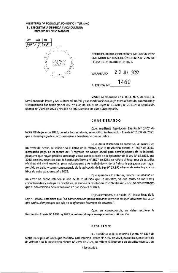 Res. Ex. N° 1460-2022 Rectifica Res. Ex. N° 1407-2022 en el Sentido que Indica. (Publicado en Página Web 22-07-2022)