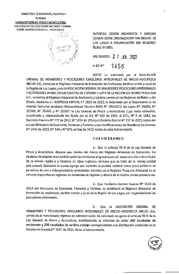 Res. Ex. N° 1456-2022 Autoriza Cesión Anchoveta y Sardina Común, Región de Los Lagos a Regiones de Ñuble-Biobío. (Publicado en Página Web 22-07-2022)