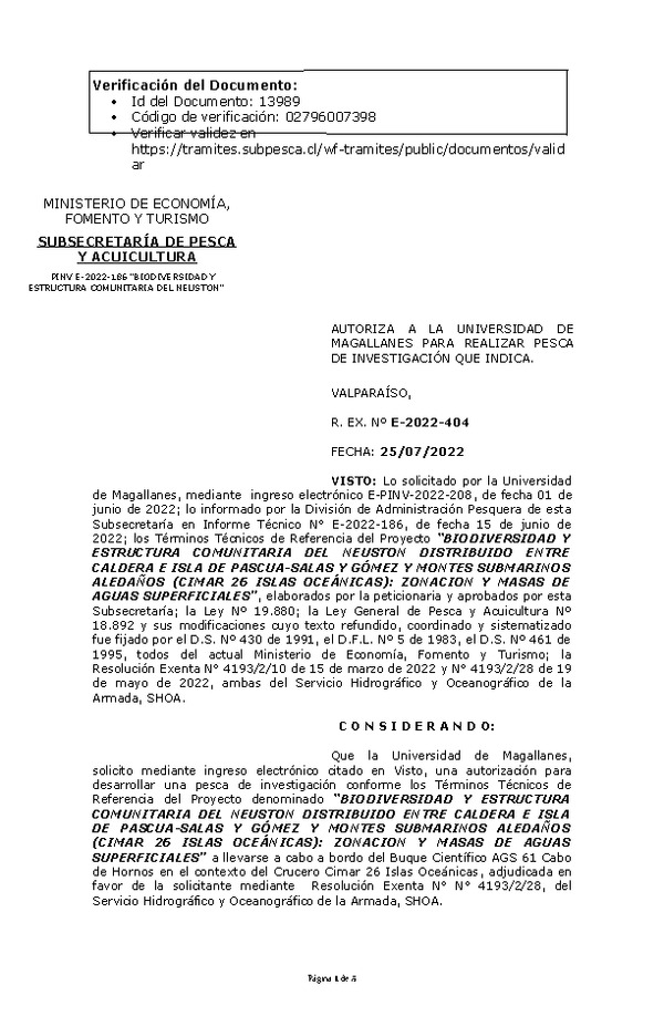 R. EX. Nº E-2022-404 BIODIVERSIDAD Y ESTRUCTURA COMUNITARIA DEL NEUSTON DISTRIBUIDO ENTRE CALDERA E ISLA DE PASCUA-SALAS Y GÓMEZ Y MONTES SUBMARINOS ALEDAÑOS (CIMAR 26 ISLAS OCEÁNICAS): ZONACION Y MASAS DE AGUAS SUPERFICIALES. (Publicado en Página Web 26-07-2022)