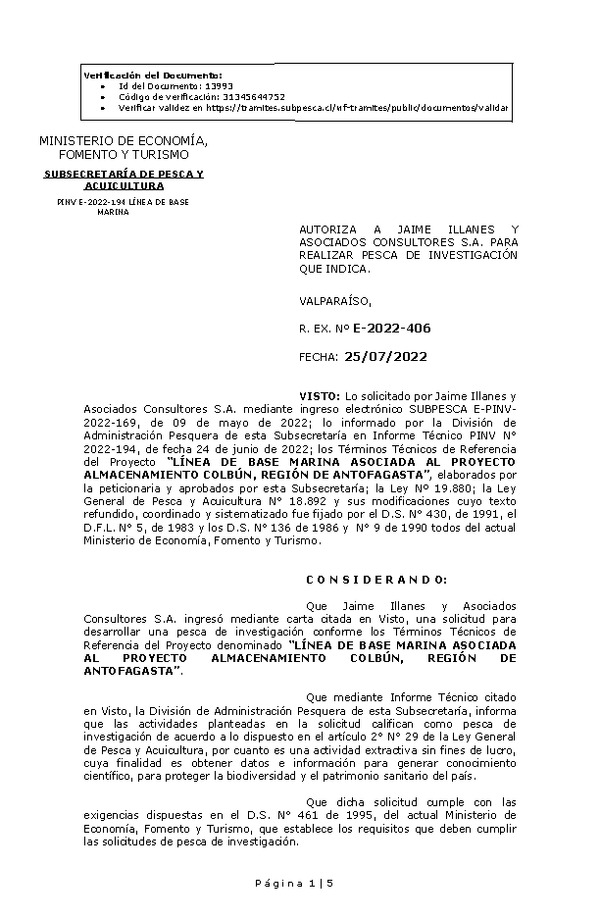 R. EX. Nº E-2022-406 LÍNEA DE BASE MARINA ASOCIADA AL PROYECTO ALMACENAMIENTO COLBÚN, REGIÓN DE ANTOFAGASTA. (Publicado en Página Web 26-07-2022)