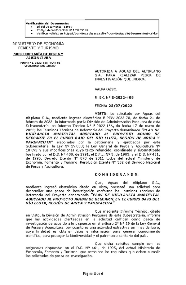 R. EX. Nº E-2022-408 PLAN DE VIGILANCIA AMBIENTAL ASOCIADO AL PROYECTO AGUAS DE DESCARTE EN EL CURSO BAJO DEL RÍO LLUTA, REGIÓN DE ARICA Y PARINACOTA. (Publicado en Página Web 26-07-2022)