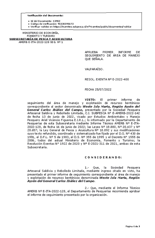 RESOL. EXENTA Nº E-2022-400 Aprueba 1° Seguimiento. (Publicado en Página Web 26-07-2021)