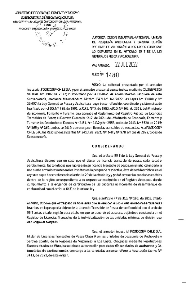 Res. Ex. N° 1480-2022, Autoriza Cesión unidad de pesquería Anchoveta y Sardina común, Regiones Valparaíso a Los Lagos. (Publicado en Página Web 27-07-2022)
