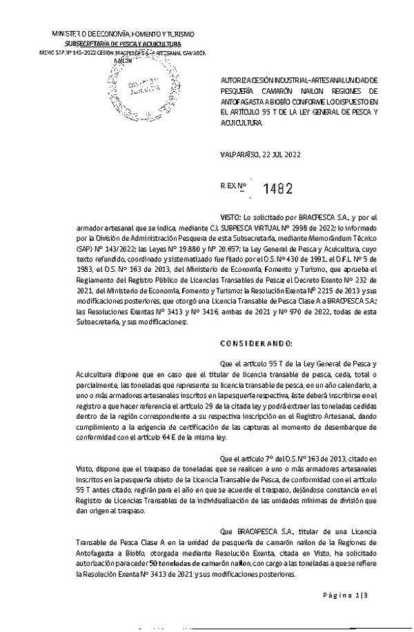 Res. Ex. N° 1482-2022 Autoriza Cesión Camarón Nailon, Regiones de Antofagasta a Región de del Biobío. (Publicado en Página Web 27-07-2022)