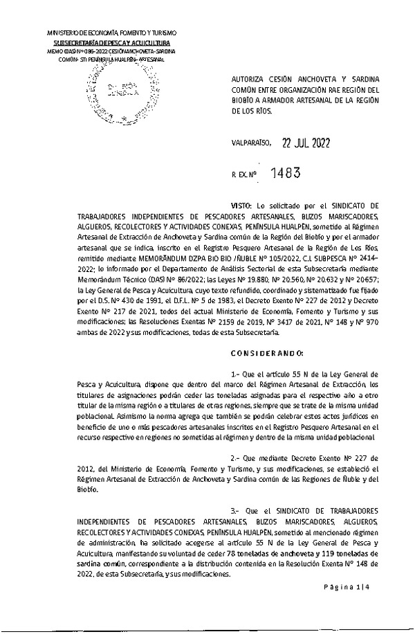 Res. Ex. N° 1483-2022 Autoriza Cesión de Sardina común, Regiones del Biobío a Los Ríos. (Publicado en Página Web 27-07-2022)