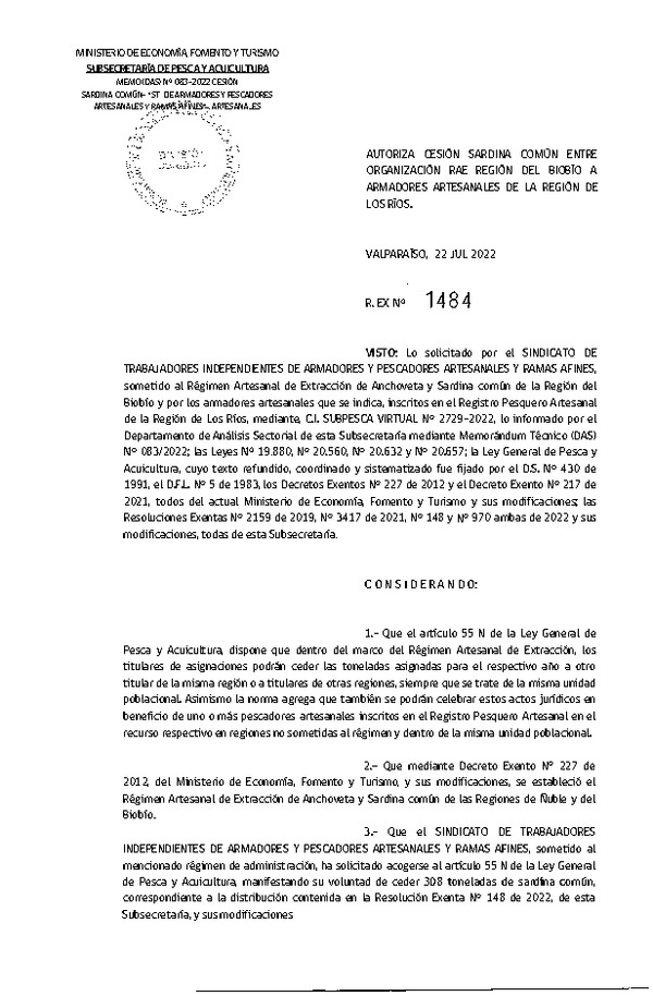Res. Ex. N° 1484-2022 Autoriza Cesión de Sardina común, Regiones del Biobío a Los Ríos. (Publicado en Página Web 27-07-2022)