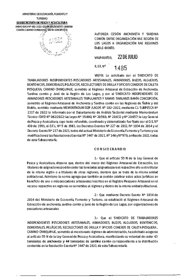 Res. Ex. N° 1485-2022 Autoriza Cesión Anchoveta y Sardina común, Región de Los Lagos a Ñuble-Biobío. (Publicado en Página Web 27-07-2022)