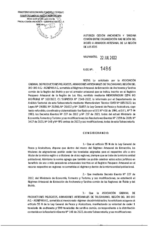 Res. Ex. N° 1486-2022 Autoriza Cesión de Sardina común, Regiones del Biobío a Los Ríos. (Publicado en Página Web 27-07-2022)