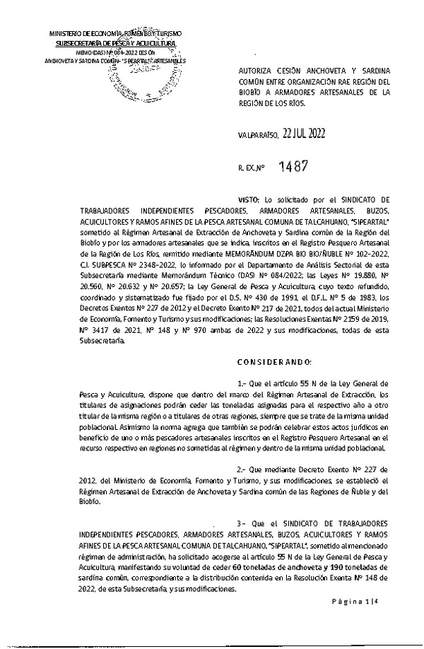 Res. Ex. N° 1487-2022 Autoriza Cesión de Sardina común, Regiones del Biobío a Los Ríos. (Publicado en Página Web 27-07-2022)