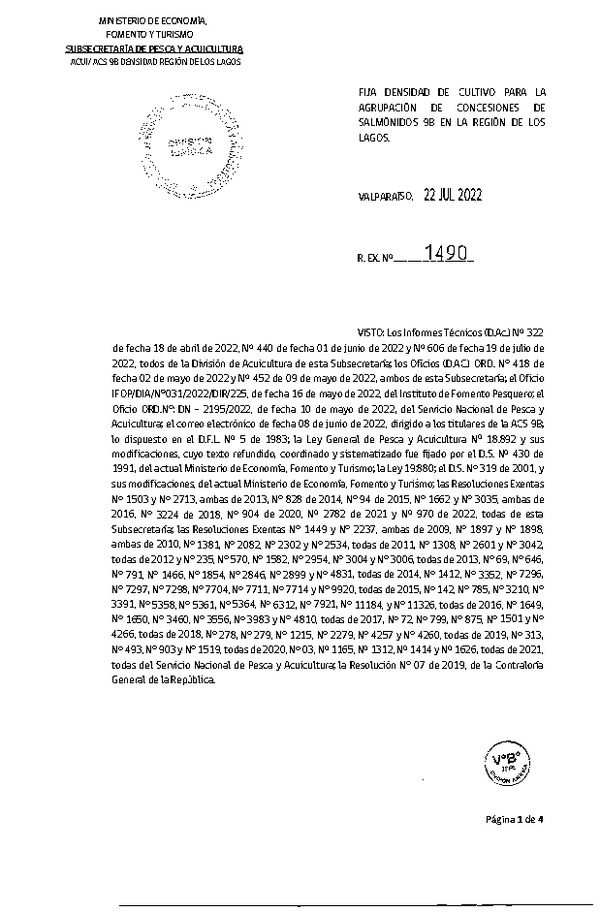 Res. Ex. N° 1490-2022 Fija densidad de cultivo para la agrupación de concesiones de salmónidos 9B, en la Región de Los Lagos. (Con Informe Técnico) (Publicado en Página Web 27-07-2022)