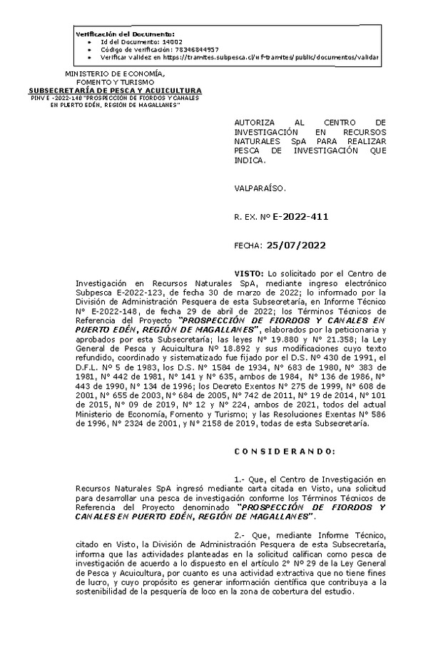 R. EX. Nº E-2022-411 PROSPECCIÓN DE FIORDOS Y CANALES EN PUERTO EDÉN, REGIÓN DE MAGALLANES. (Publicado en Página Web 27-07-2022)