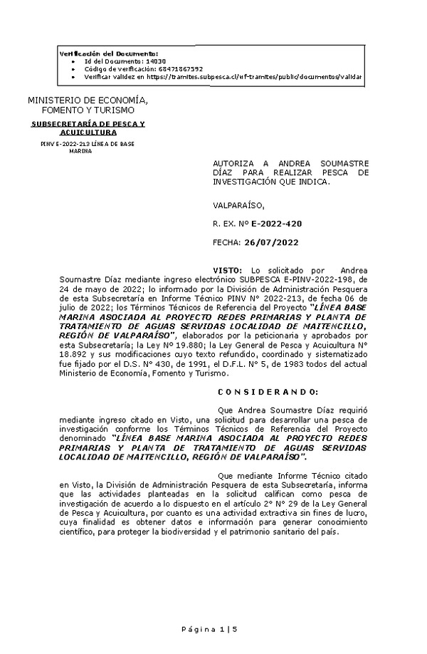 R. EX. Nº E-2022-420 LÍNEA BASE MARINA ASOCIADA AL PROYECTO REDES PRIMARIAS Y PLANTA DE TRATAMIENTO DE AGUAS SERVIDAS LOCALIDAD DE MAITENCILLO, REGIÓN DE VALPARAÍSO. (Publicado en Página Web 27-07-2022)