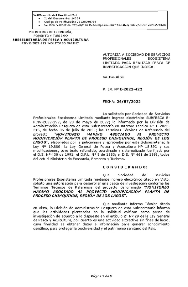 R. EX. Nº E-2022-422 MONITOREO MARINO ASOCIADO AL PROYECTO MODIFICACIÓN PLANTA DE PROCESO CHINQUIHUE, REGIÓN DE LOS LAGOS. (Publicado en Página Web 27-07-2022)