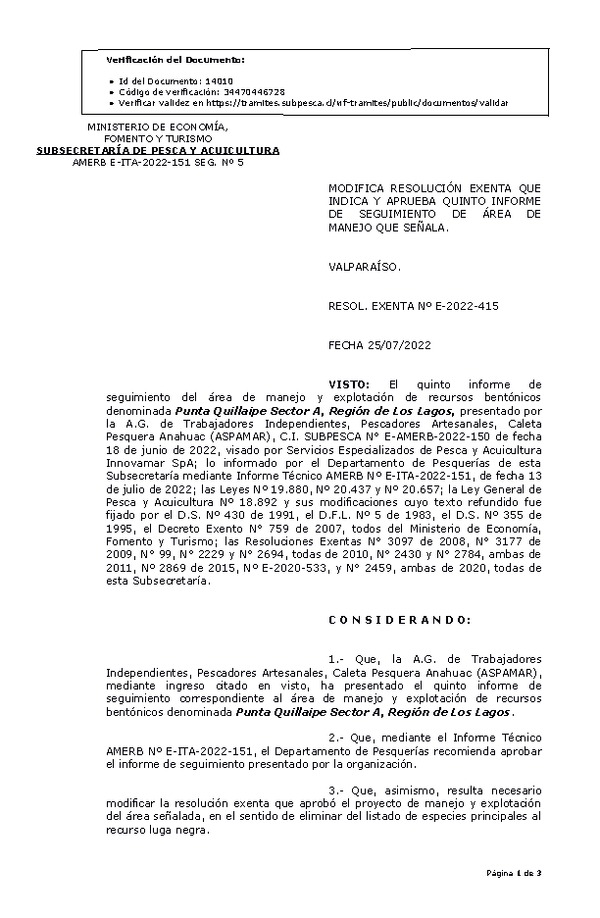 RESOL. EXENTA Nº E-2022-415 Modifica Resolución que Indica. Aprueba 5° Seguimiento. (Publicado en Página Web 27-07-2022)