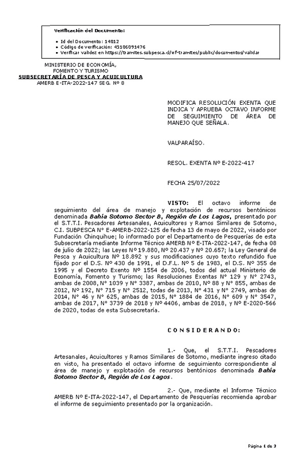 RESOL. EXENTA Nº E-2022-417 Modifica Resolución que Indica. Aprueba 8° Seguimiento. (Publicado en Página Web 27-07-2022)