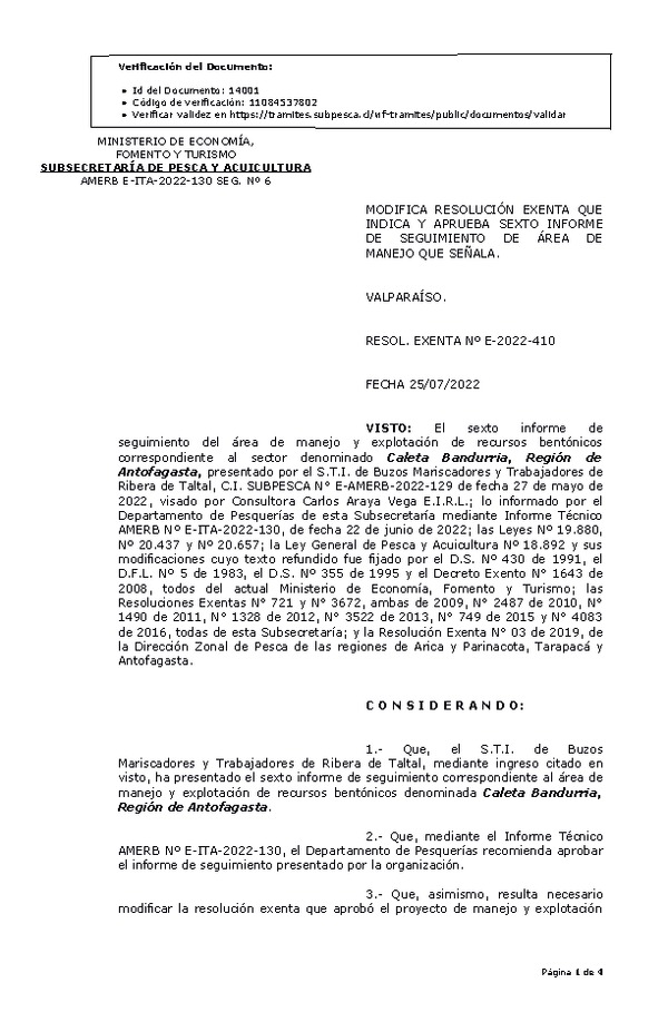 RESOL. EXENTA Nº E-2022-410 Modifica Resolución que Indica. Aprueba 6° Seguimiento. (Publicado en Página Web 27-07-2022)