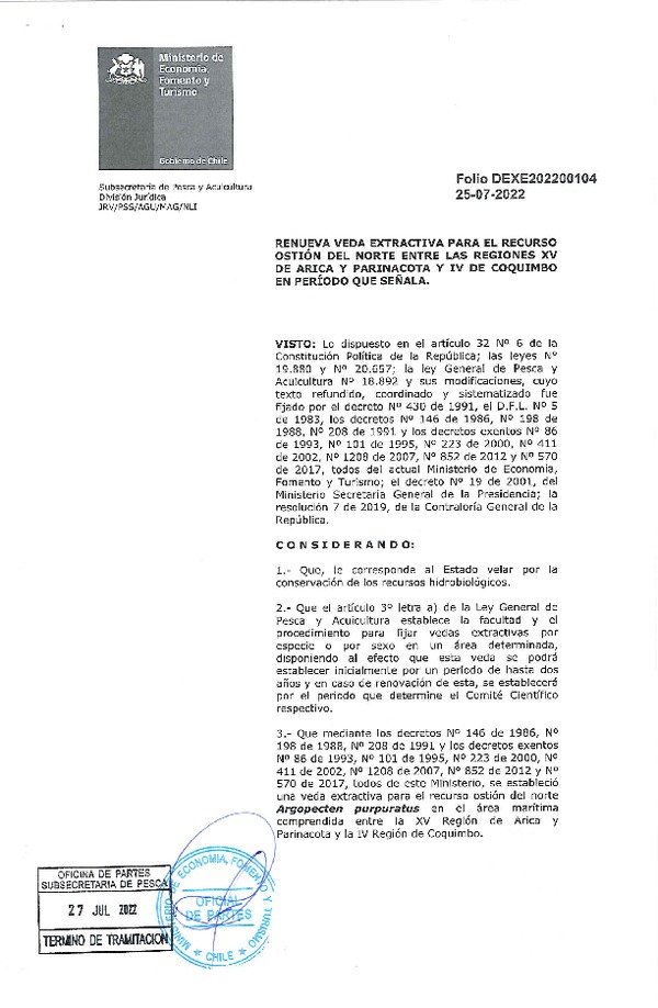 Dec. Ex. Folio N° 202200104 Renueva Veda Extractiva Recurso Ostión del Norte,Entre las Regiones Arica y Parinacota y Coquimbo. (Publicado en Página Web 27-07-2022)