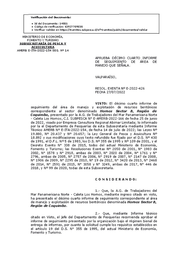 RESOL. EXENTA Nº E-2022-426 Aprueba 14° Seguimiento. (Publicado en Página Web 28-07-2022)