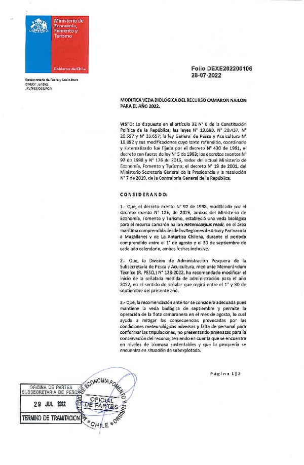 Dec. Ex. Folio N° 202200106 Modifica Veda Biológica del Recurso Camarón Nailon para el Año 2022. (Publicado en Página Web 29-07-2022)