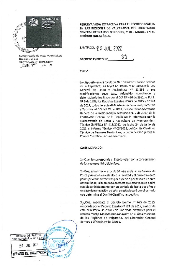 Dec. Ex. N° 30-2022 Renueva Veda Extractiva para el Recurso Macha en las Regiones de Valparaíso, del Libertador General Bernardo O'Higgins, y del Maule, en el Período que Señala. (Publicado en Página Web 29-07-2022)