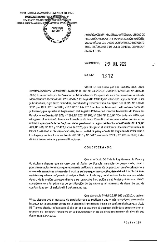 Res. Ex. N° 1512-2022, Autoriza Cesión unidad de pesquería Anchoveta y Sardina común, Regiones Valparaíso a Los Lagos. (Publicado en Página Web 29-07-2022)