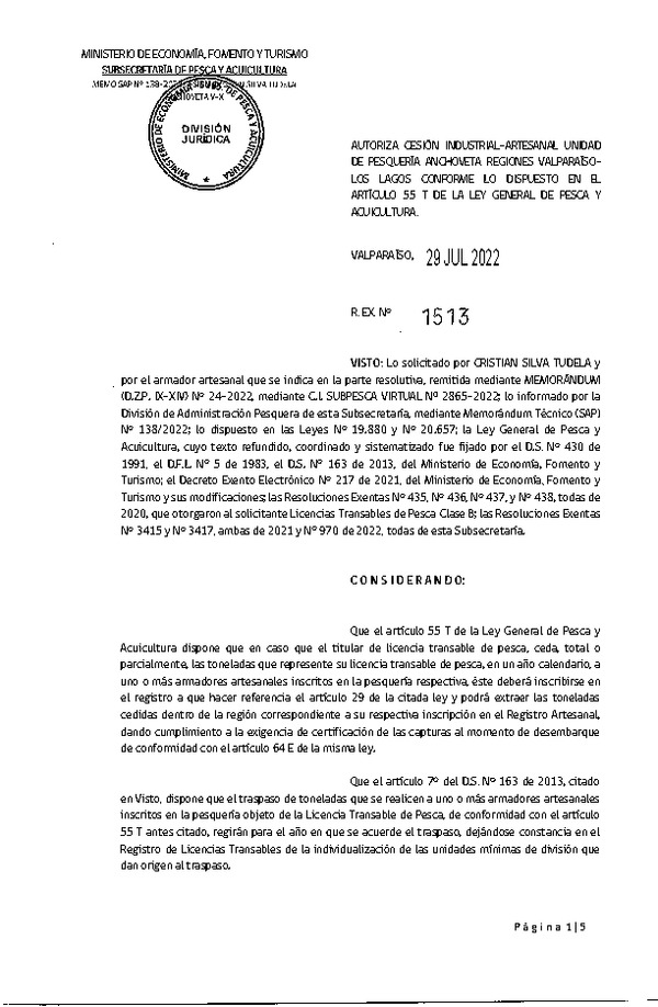 Res. Ex. N° 1513-2022, Autoriza Cesión unidad de pesquería Anchoveta y Sardina común, Regiones Valparaíso a Los Lagos. (Publicado en Página Web 29-07-2022)
