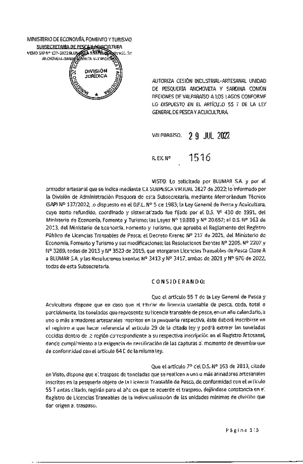 Res. Ex. N° 1516-2022, Autoriza Cesión unidad de pesquería Anchoveta y Sardina común, Regiones Valparaíso a Los Lagos. (Publicado en Página Web 29-07-2022)