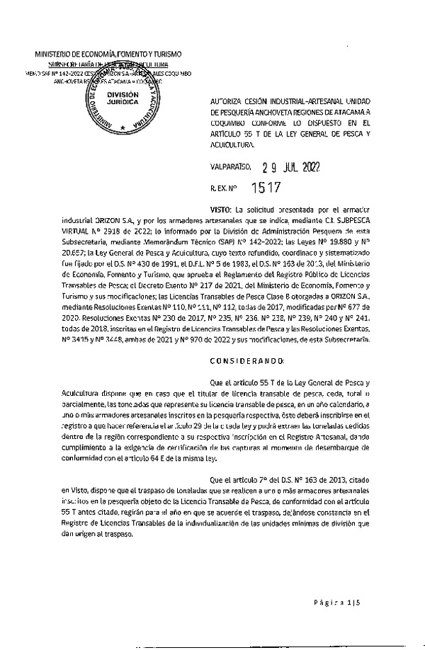 Res. Ex. N° 1517-2022 Autoriza cesión pesquería Anchoveta regiones de Atacama a Coquimbo. (Publicado en Página Web 29-07-2022)