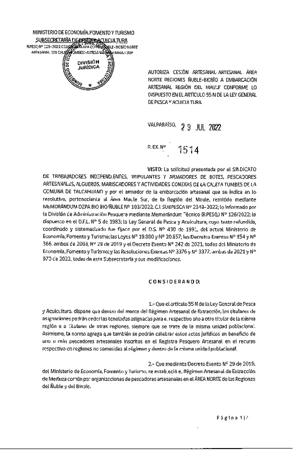 Res. Ex. N° 1514-2022 Autoriza Cesión de Merluza Común, Regiones Ñuble-Biobío a Región del Maule. (Publicado en Página Web 29-07-2022)