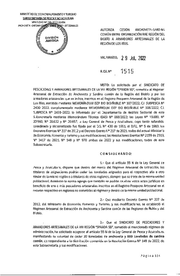 Res. Ex. N° 1515-2022 Autoriza Cesión de Sardina común, Regiones del Biobío a Los Ríos. (Publicado en Página Web 29-07-2022)